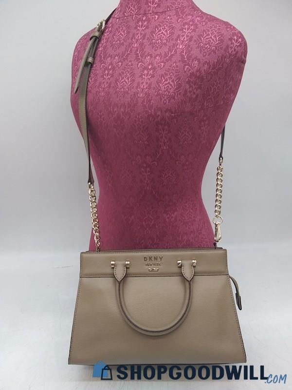 DKNY Ava Sutton Brown Taupe Faux Leather Satchel Crossbody Handbag Purse 