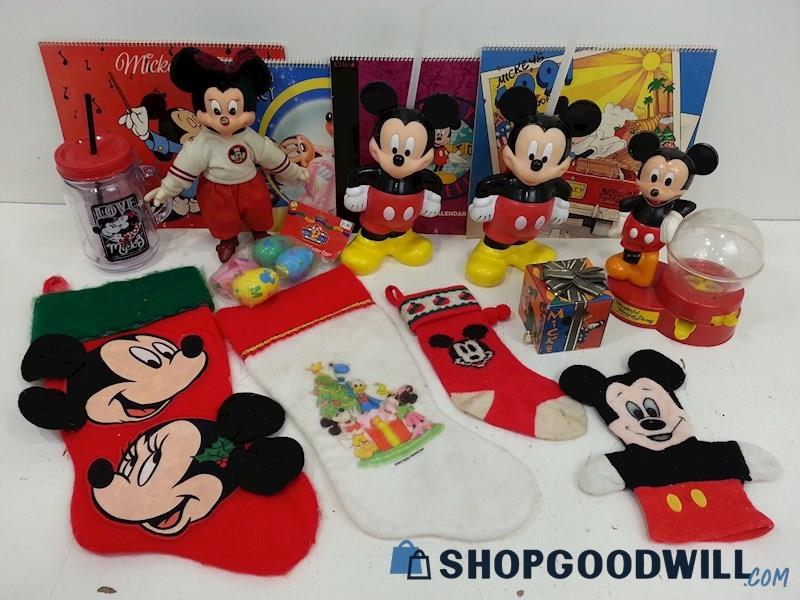 15PC Mickey Mouse Lot Calendars/Drink Cups/Bubblegum Machine/Holiday Socks/More