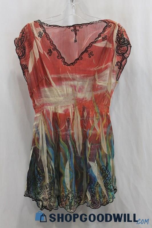 Sienna Rose Women's Red/Pink Floral Print Sheer Tunic Blouse SZ L
