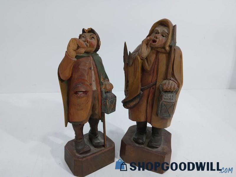 2PCS Vintage ANRI Town Crier Watchman Wood Carved Figure Lantern Horn Shepherd