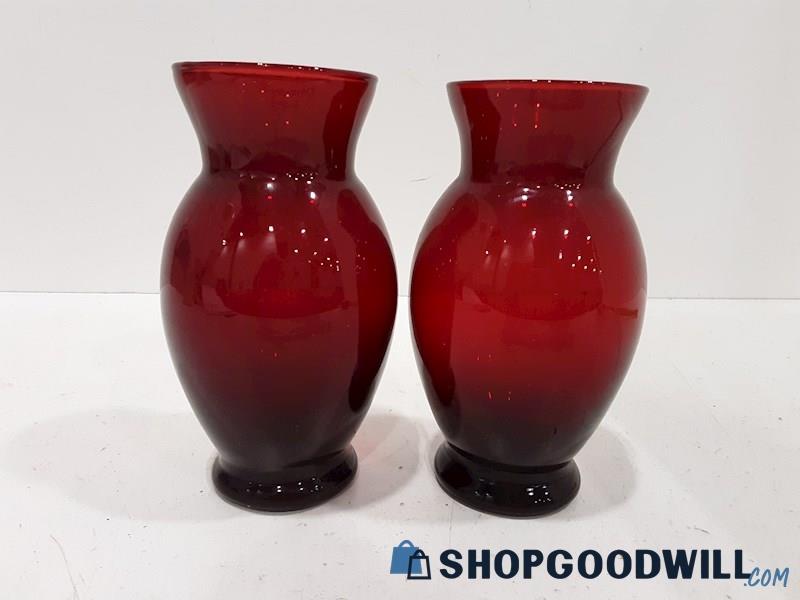 2 Matching Dark Red Glass Vases UNBRANDED Light Scratch Pictured