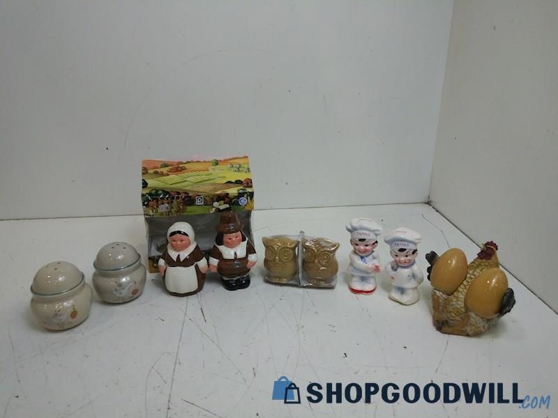 5 Sets Of Salt & Pepper Shakers Owls Chickens Pilgrim NIB Bakers Kitchen Decor