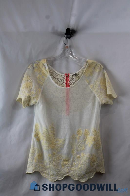 BKE Women's White/Gold Embroidered Sheer Scalloped Edge Shirt SZ S