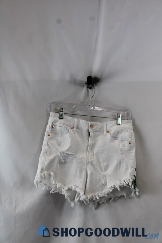 Guess Women's White Distressed Floral Pattern Raw Hem Denim Short SZ 29