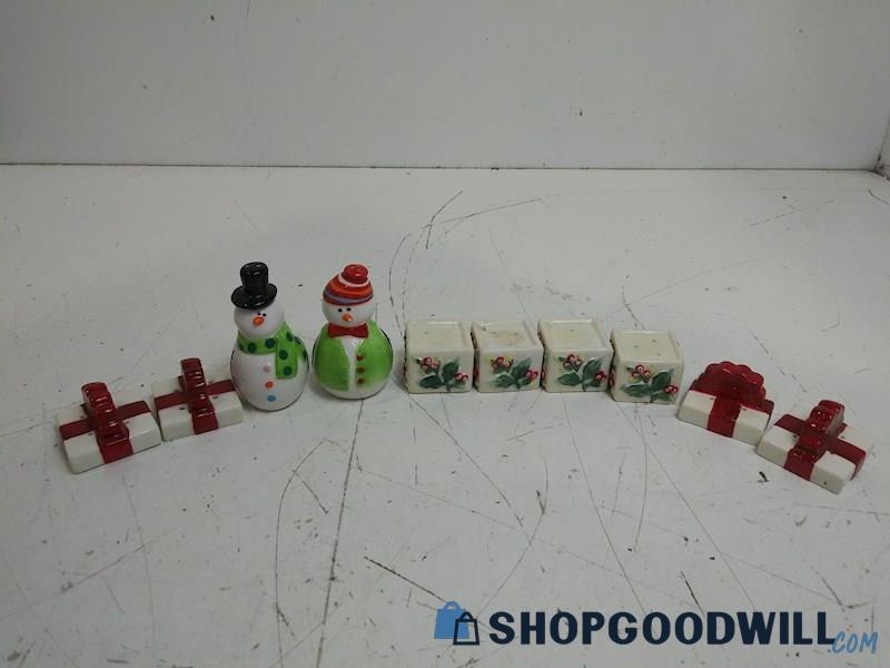 5 Sets of Holiday Salt & Pepper Shakers Present Holly Snowman Ceramic Decor