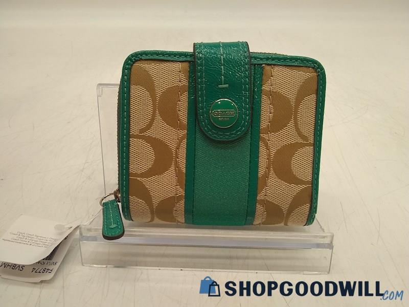 Coach Turquoise Leather/ Brown Signature Jacquard Canvas Wallet Handbag Purse