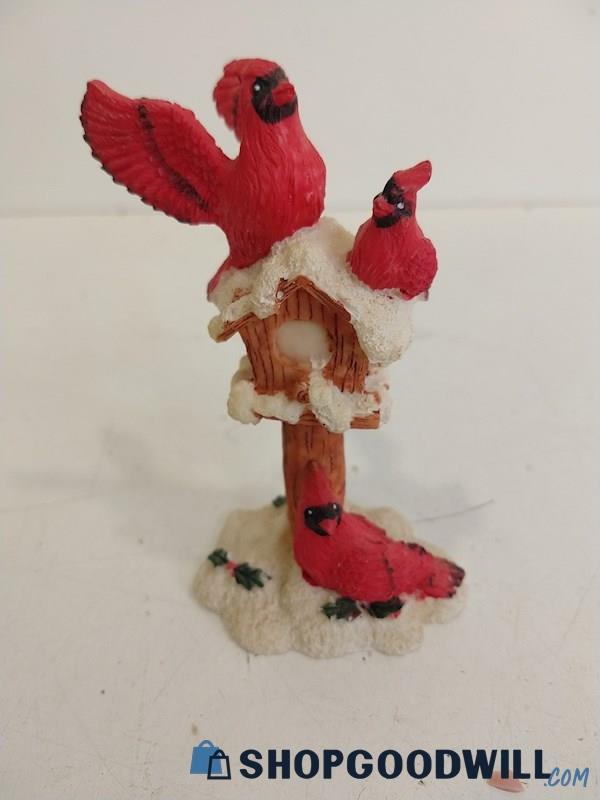 3 Cardinals With Birdhouse Ceramic Figurine