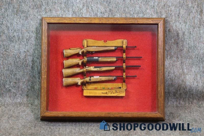 Rack of Miniature Rifle Guns Framed Wood Art Signed V Pederson Hunting Art Decor