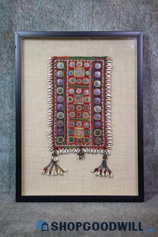 Banjara Gala Framed Indian Tribal Cowrie Shell Embroidery Remnant Art Unsigned