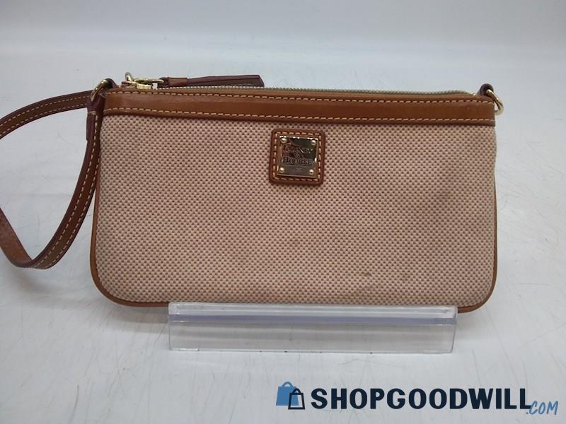 Dooney & Bourke Brown Leather/ Beige Canvas Wristlet Pouch Handbag Purse 