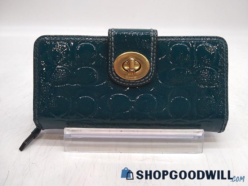 Coach Dark Turquoise Signature Patent Leather Bifold Wallet Handbag Purse