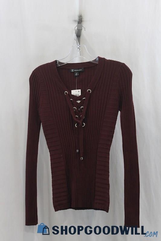 NWT Inc Womens Burgundy Lace Up Ribbed Sweatshirt Sz XS