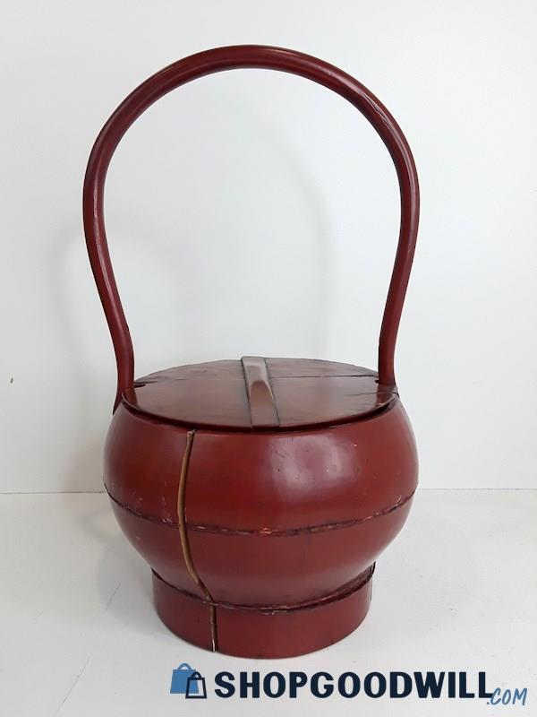 Antique Chinese Red Wooden Wedding Basket W/ Lid