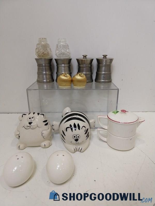 14pc Salt/Pepper Shakers Pewter Glass Collectible Tableware Animals MIXED BRANDS