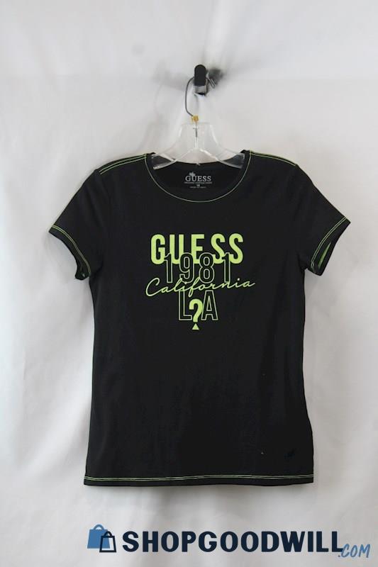 NWT Guess Women's Black/Green Logo Fitted T-Shirt SZ 16
