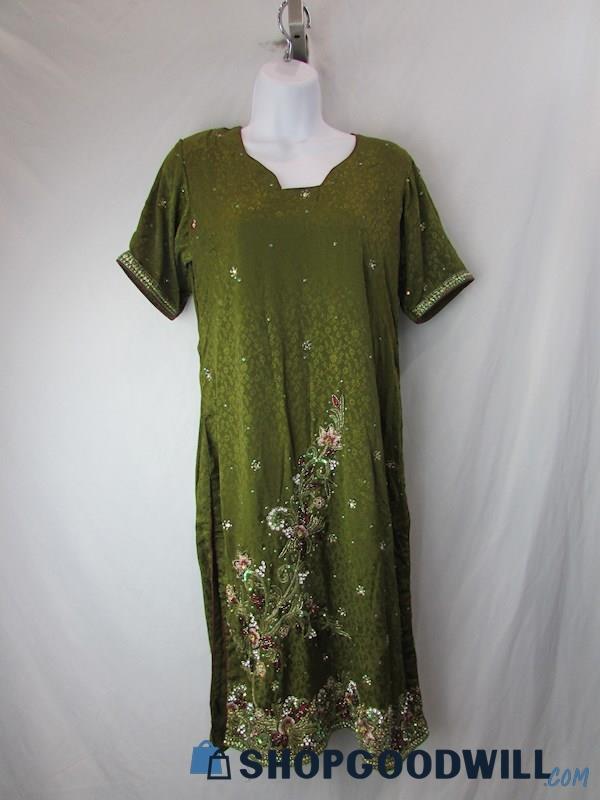 Women's Olive Green Floral Embellished Kameez Custom Size