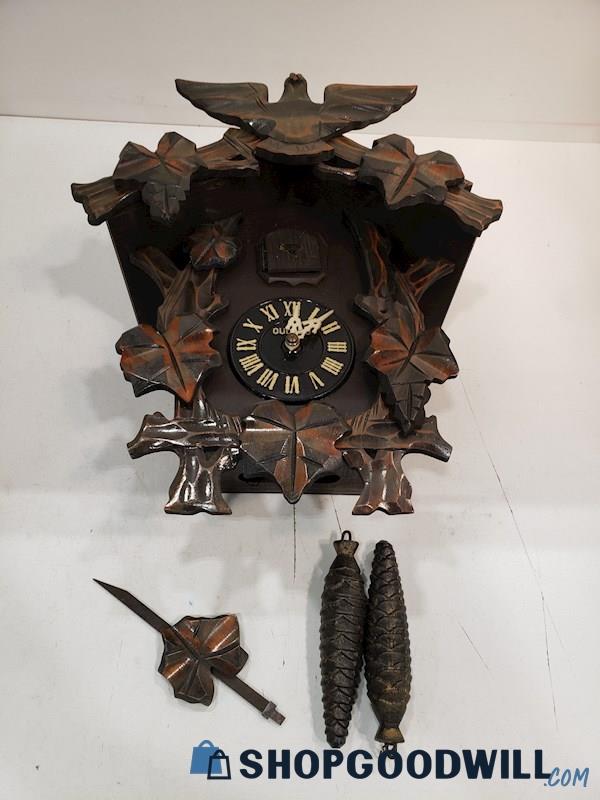 Vintage Mi-Ken Japanese Cuckoo Clock Wood, Pinecones, Leaves 