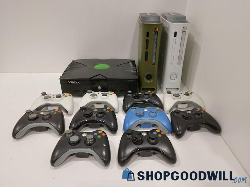 XBOX+XBOX 360 Halo 3+Regular Consoles W/Controllers for PARTS/REPAIR!