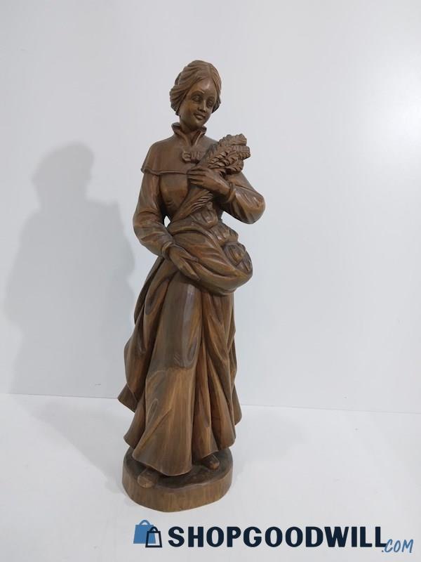 VTG Wooden Statue Rural Woman Wheat Tall Large Figurine Hand-Carved Alamani