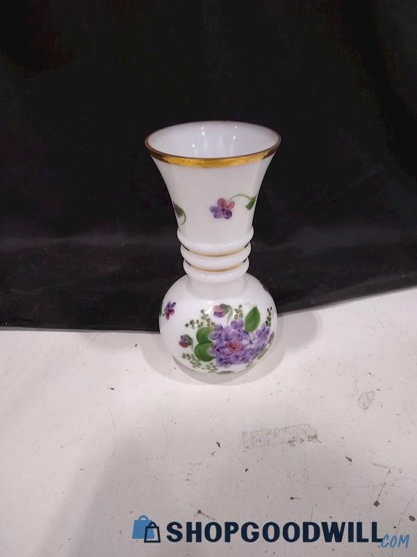 Consolidated Glass Co. Hand Painted Violets On Milk Glass Pillow Vase