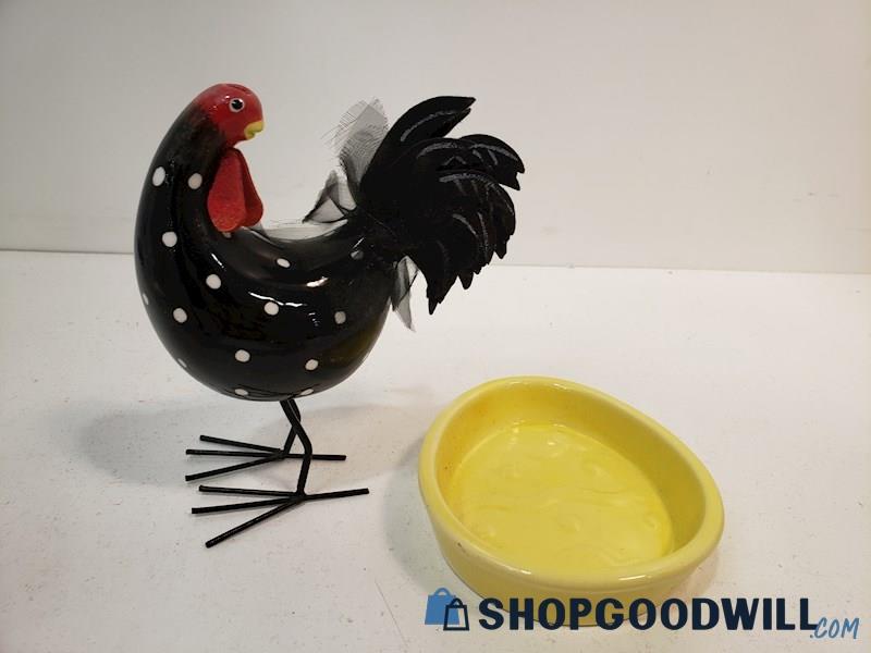 2pc Unbranded Bobble Body Chicken Rooster Black & Yellow Pottery Egg Dish 