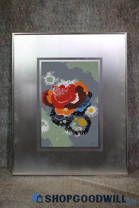 Abstract Flowers Framed Appears Serigraph on Aluminum w/CoA Facsimile Signed Art