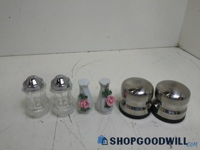 3 Set Of Salt & Pepper Shakers Porcelain Stainless Crystal Floral Design Kitchen