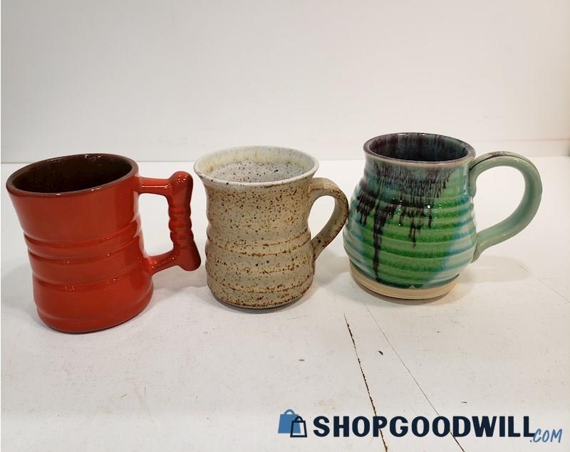 3pc Pottery Coffee Mug Tea Cup Red, Cream Speckled Green & Purple Variety Brands