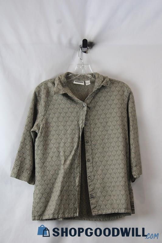 Chico's Women's Beige/Black Button Up 3/4 Sleeve Silk Pattern Shirt SZ M