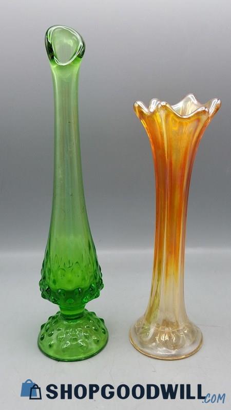 2PC Green Fenton + Marigold Carnival Glass Vases 