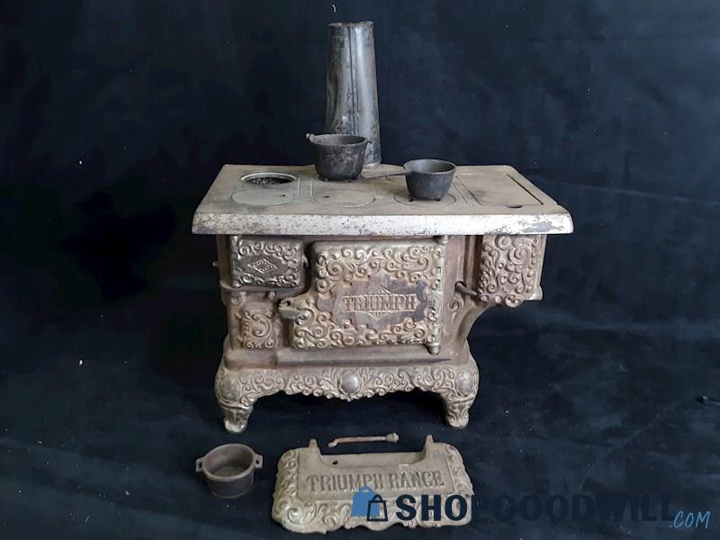 Antique Cast Iron Miniature Child Doll Toy Kitchen Set Wood Burner Oven w Pots 