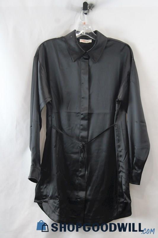 NWT Intempo Women's Black Button Up Tie Waist Satin Dress SZ S