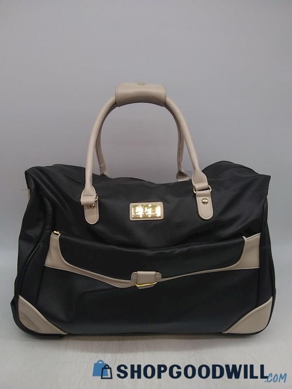 Nicole Miller Black Pebbled Faux Leather Rolling Luggage Handbag Purse 