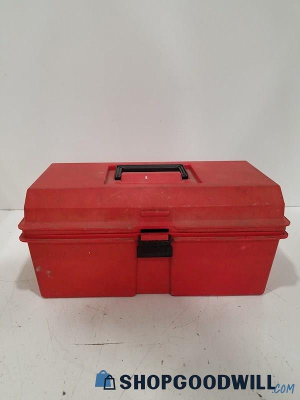 Vintage Red Tool Box Filled With Different Types Of Tools