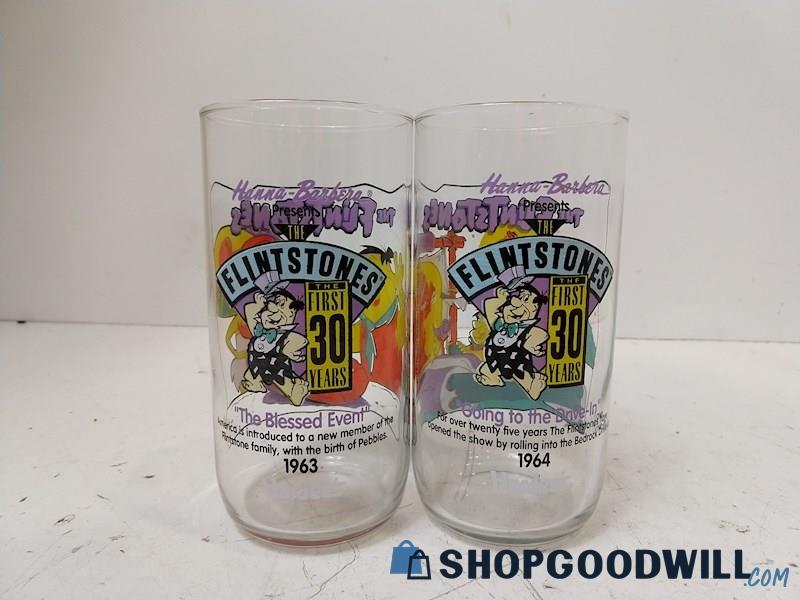 2 Hanna Barbera The Flintstones 30th Anniversary 1960's Glass Cups