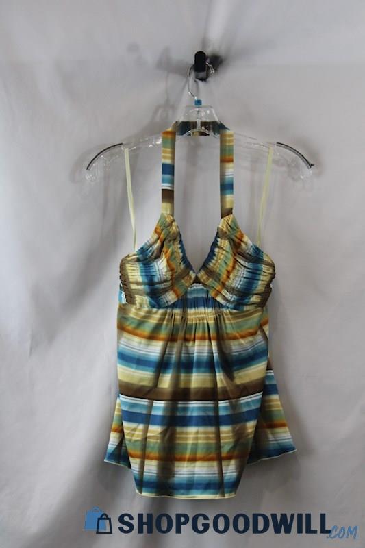 NWT The Limited Women's Blue/Brown Striped Pleated Top Satin Tanktop SZ S