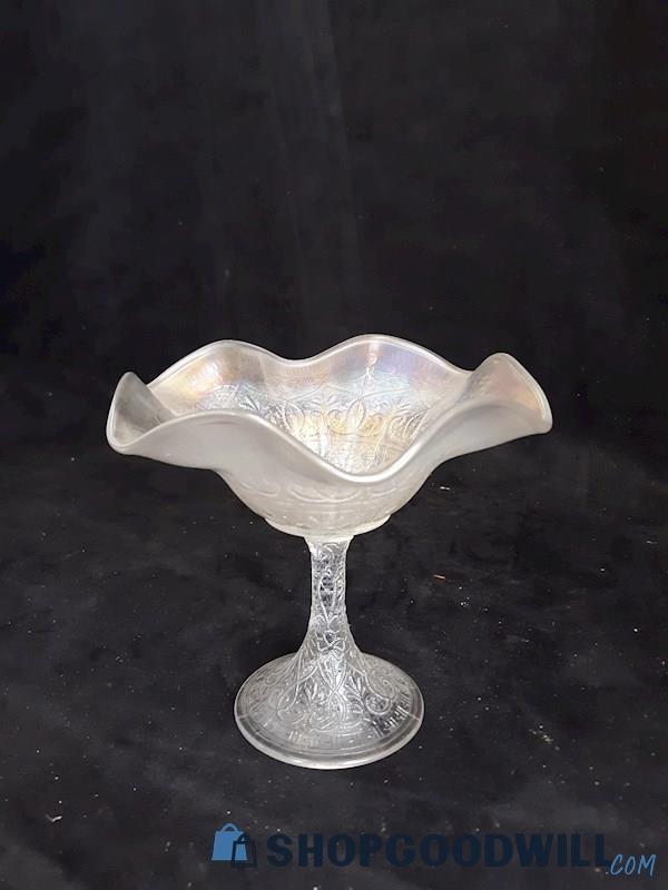 Fenton White Carnival Glass Iridescent Compote Ruffle Glass W Floral Detailing