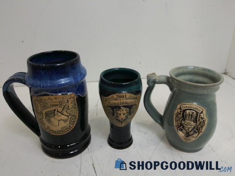 3PC 2000, 2001& 2003 Renaissance Festival Mug Collectible  Cups Lion Unicorn