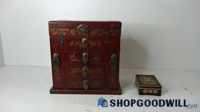 2 Mixed East Asian Theme Wooden Jewelry Box & Reuge Hummel Music Box