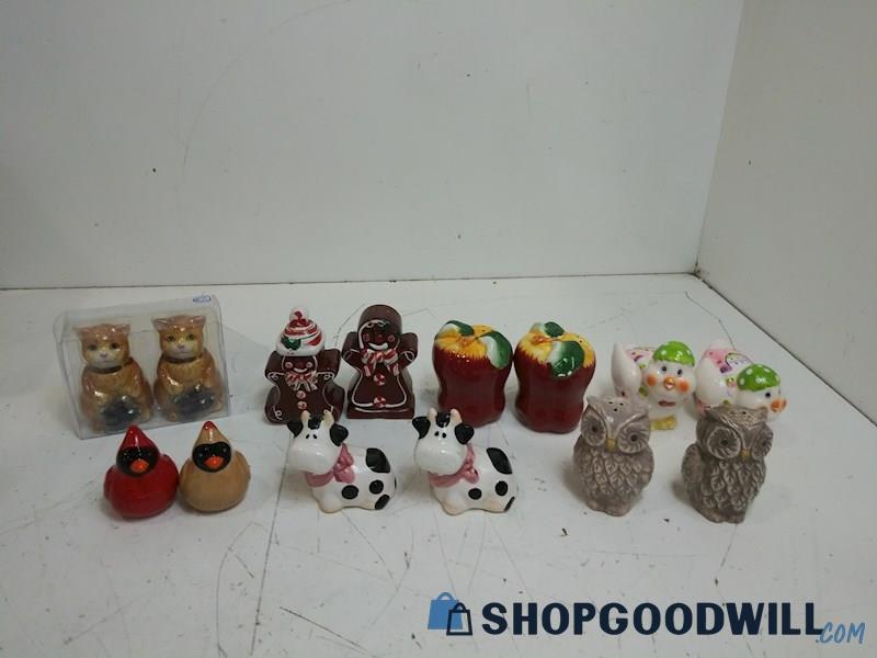 7 Sets Of Salt and Pepper Shakers Ceramic Chickens Apples Cows Owls Hand Painted