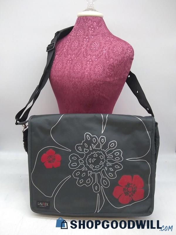 Laurex Grey/ Red Flower Print Nylon Fold Over Laptop Messenger Handbag Purse 