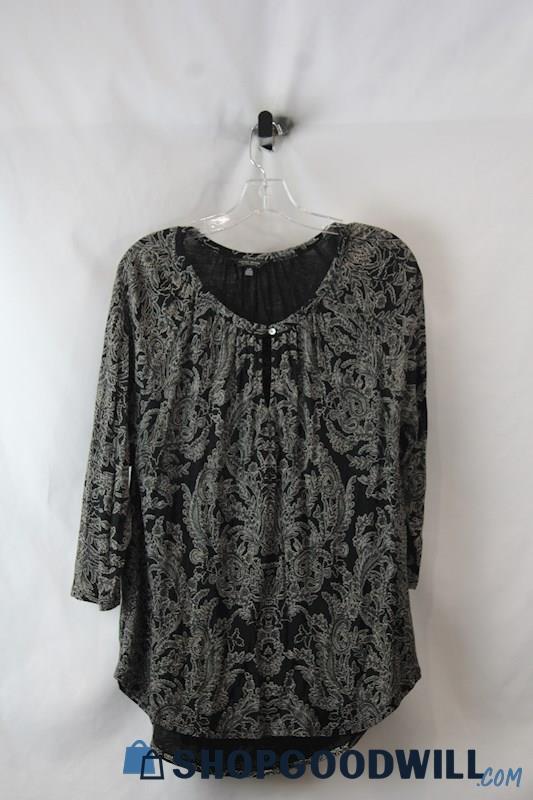 Lucky Brand Women's Black/Gray Pattern Keyhole 3/4 Sleeve Blouse SZ L