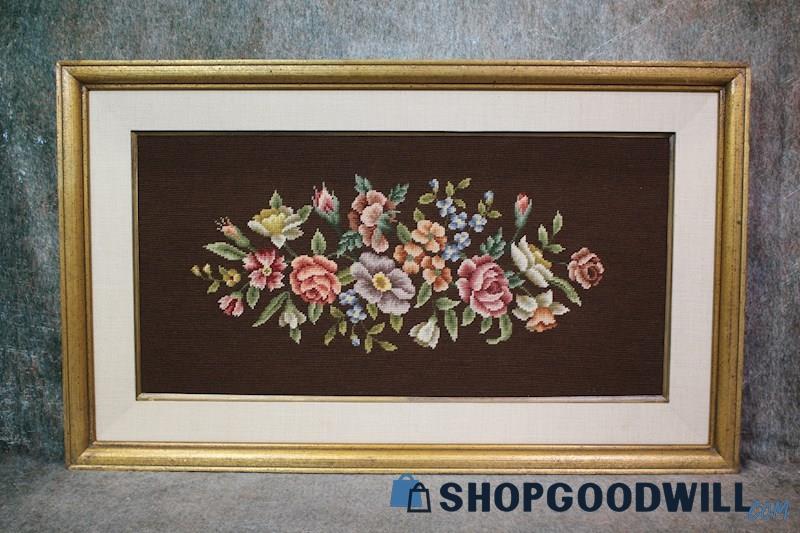 Assortment of Mixed Flowers Framed Crewel Needlepoint Art Unsigned Decor PUO