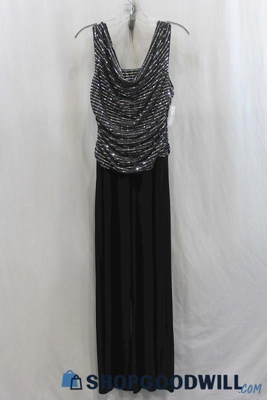 NWT Roz & Ali Womens Black/Silver Sequence Drape Jumpsuit Sz 4P