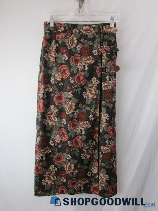 JH Collectibles Women's Vintage Black Floral Print Midi Wrap Skirt SZ 8