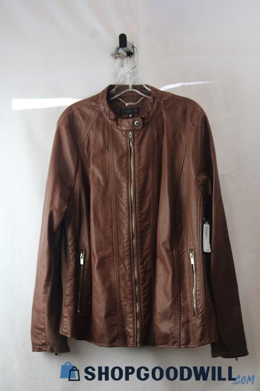 NWT Worthington Women's Chocolate brown Faux Leather Zip Up Jacket SZ 1X