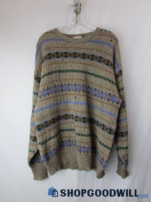 Langley's Men's Taupe/Blue Pattern Wool Knit Sweater SZ S 