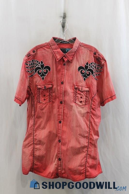 Roar Men' Red/Black Emborder Designs Button Up Shirt SZ 2XL