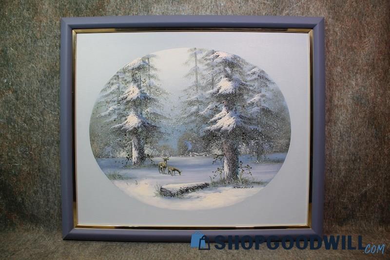 Deer in the Snow Framed Original Cabin Landscape Oil Painting Signed Gloria Art