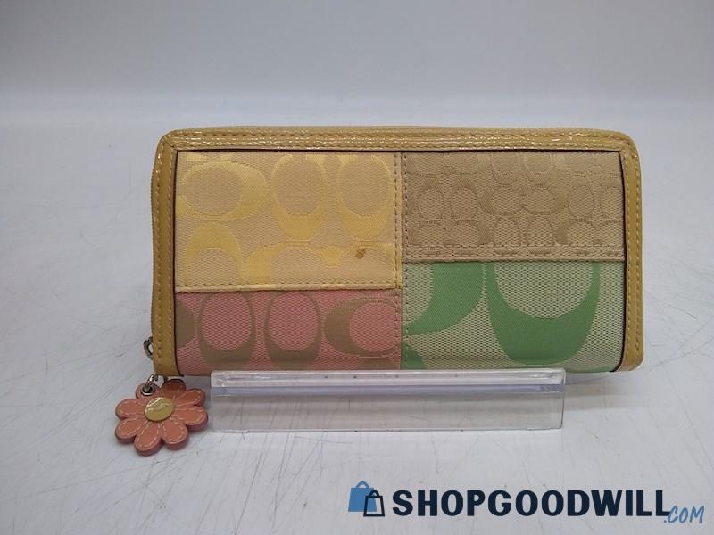 Coach Yellow/ Pink Signature Jacquard Canvas Zip Around Wallet Handbag Purse